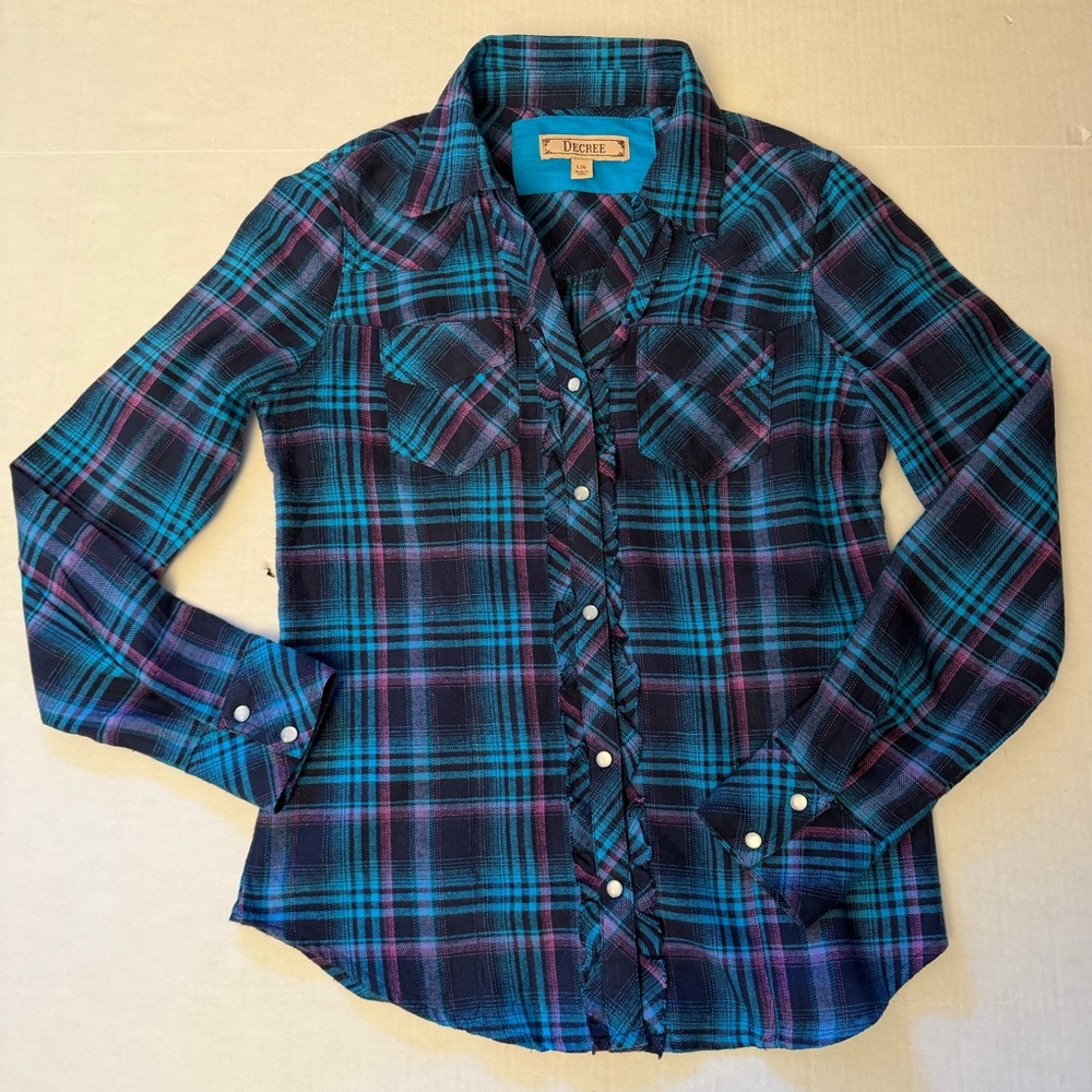 Decree Long Sleeve Teal & Purple Plaid Shirt With Western Style Sz-L. Cc9